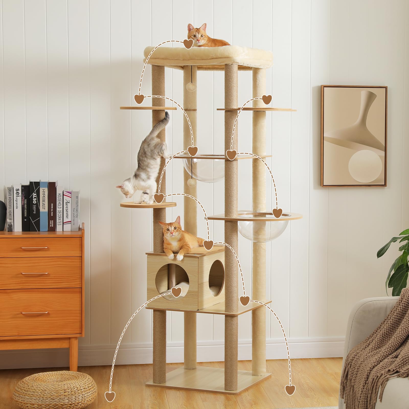 PETEPELA Árbol rascador para gatos grandes, 181 cm, madera multietapa, con gran cueva, hamaca grande y más columna para rascar, color beige