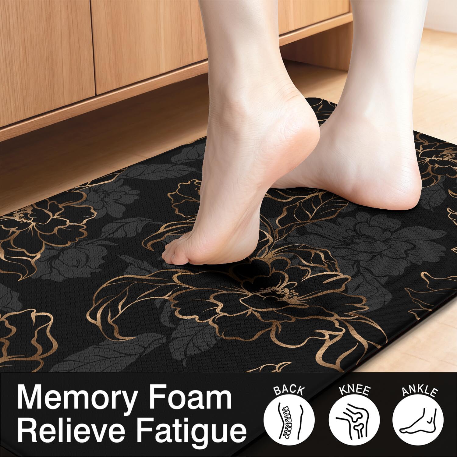 Anti Fatigue Black Kitchen Rugs Set of 2, Gold Flower Kitchen Mats for Floor, Floral Kitchen Decor, Anti-Slip Foam Standing Mat, 17x30 Inch Sink Mat + 17x48 Inch Runner Rug