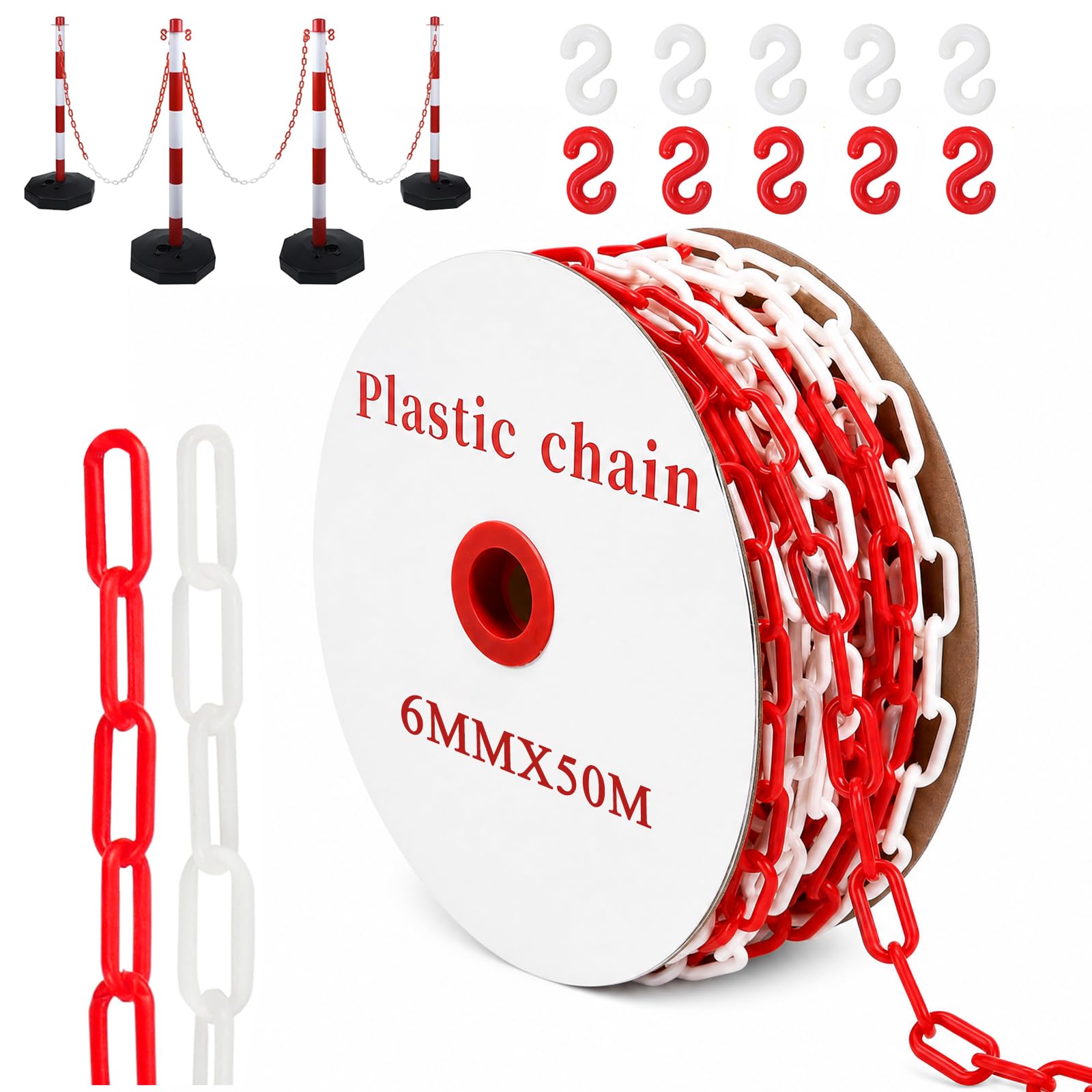 Chaîne de sécurité en plastique rouge et blanc, 50 m, chaîne d'avertissement de 6 mm | Chaîne en plastique avec crochet en S rouge et blanc pour chantier, parking et entretien des commandes
