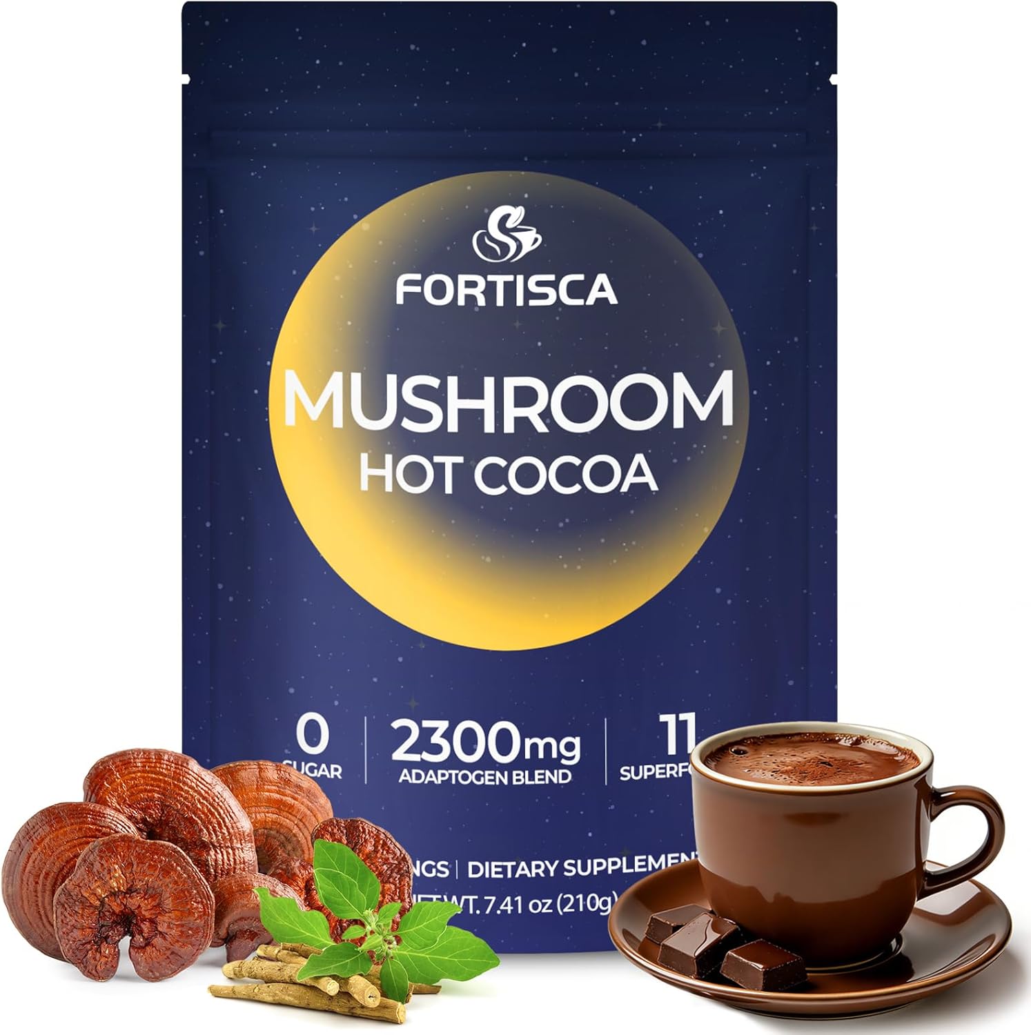 Mushroom Hot Cocoa Powder with Magnesium Glycinate, L-Theanine, Reishi, Tryptophan, Ashwagandha Etc, Sleep Hot Chocolate Supplement for Calm, Relax, Sleep & Stress Support, Mushroom Coffee 7.41oz