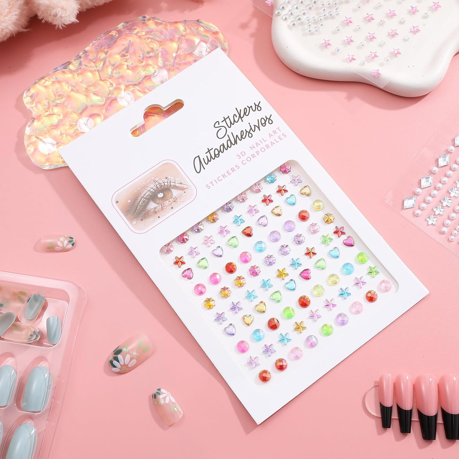 7 Sheets Face Jewels Rhinestone Stickers Set with Pearls and Stars, Self-Adhesive Body Makeup Appliques for Festival, Party, and Craft Decoration