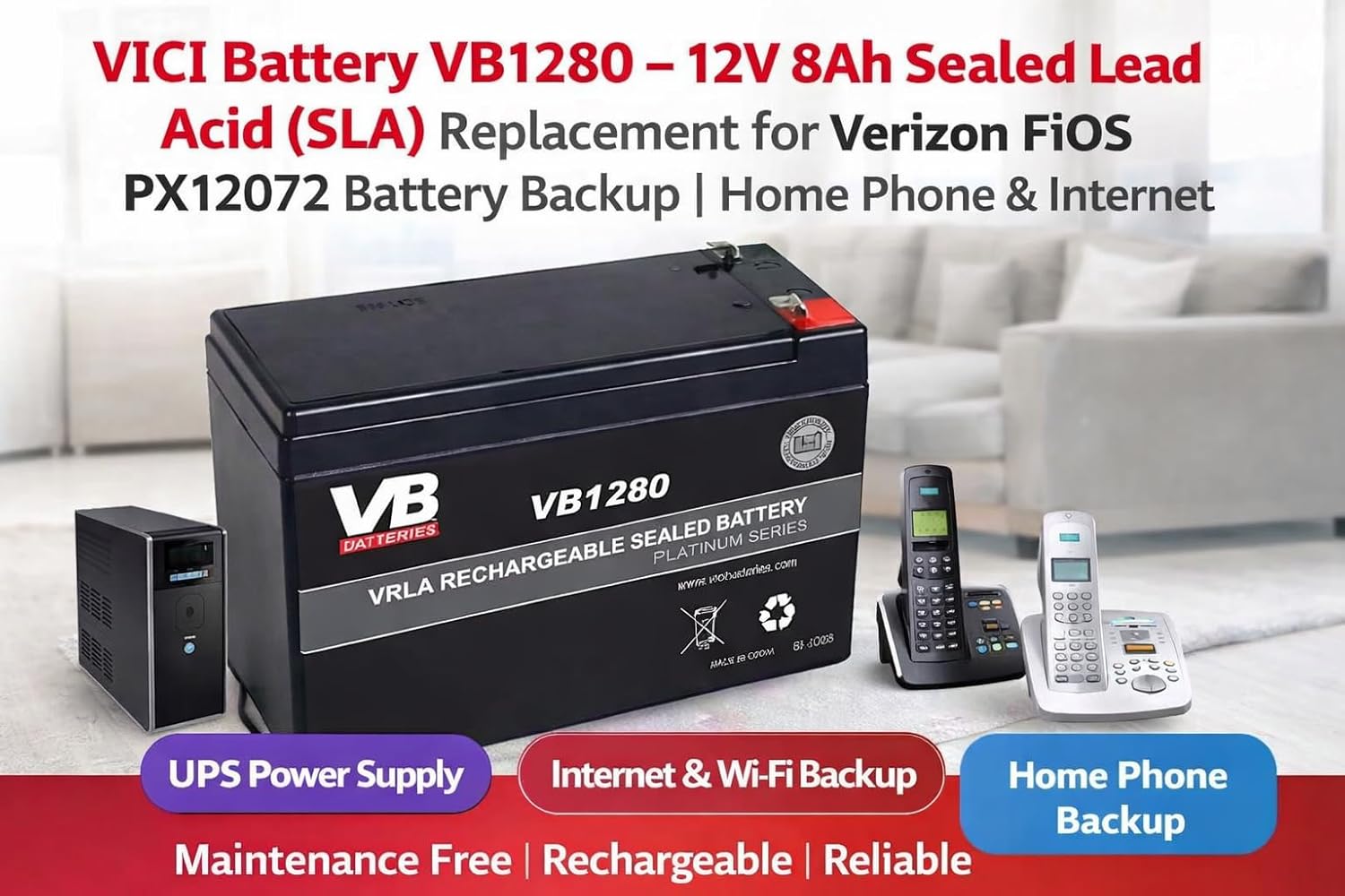 VICI Battery VB1280 – 12V 8Ah Sealed Lead Acid (SLA) Replacement for Verizon FiOS PX12072 Battery Backup | Rechargeable UPS Power Supply, Home Phone & Internet Backup
