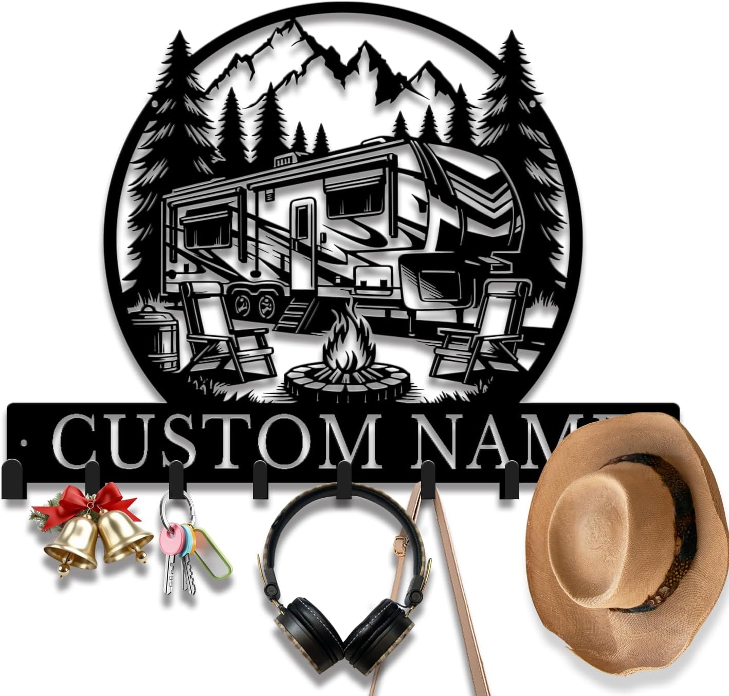 Personalized RV Metal Wall Organizer, Custom Name Key Holder & Coat Rack, Camper Plaque with Hooks, Campsite Wall Mount Hanger for Entryway, Garage, Mudroom, Rustic Camping Decor (RV-1)