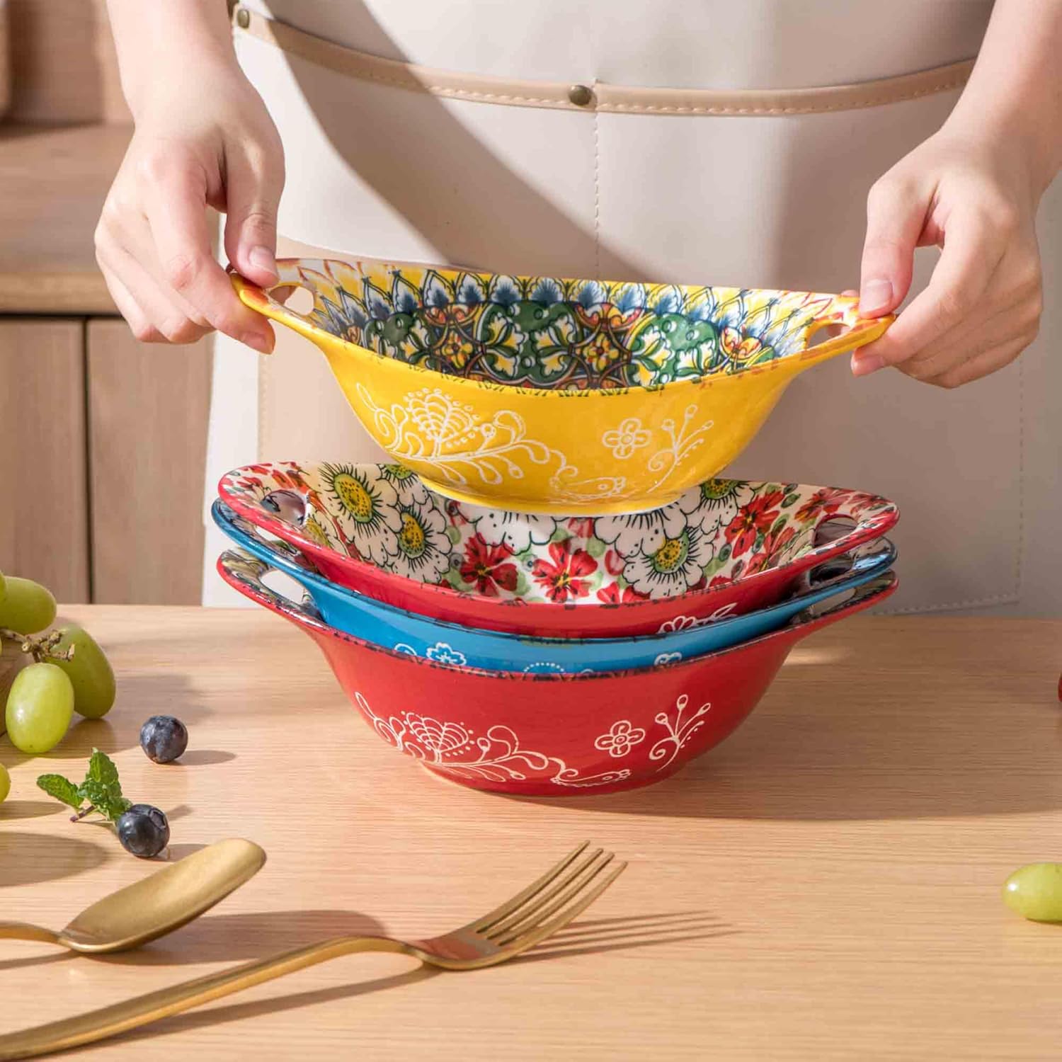 Henten Home Ceramic Salad Bowls Set, 19 oz Porcelain Soup Bowl Set of 4, Colorful Serving Bowls with Handle for Dinner, Pasta, Oatmeal, Bohemian Style, Microwave & Dishwasher Safe