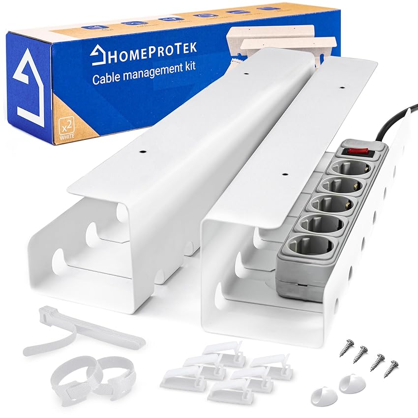 Immagine del prodotto HOMEPROTEK Canalina Passacavi - Vassoio per la gestione e nascondi cavi scrivania - Cable Holder for Cable Management - Porta Cavi Scrivania Set Completo - 2 Portacavi sotto scrivania bianci