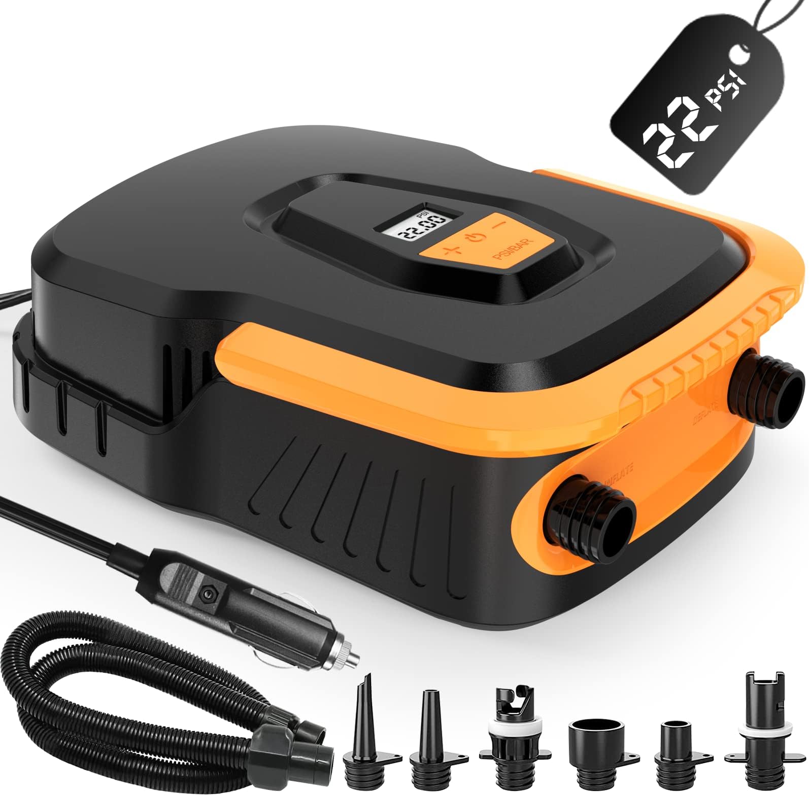 Dhapy Sup Pump, Paddle Board Pump, 22PSI Digital Electric SUP Pump with LCD, 110W/ 12V Inflation & Deflation Portable Air Pump Electric with 6 Nozzles for Paddle Boards, Yoga Ball, Kayak