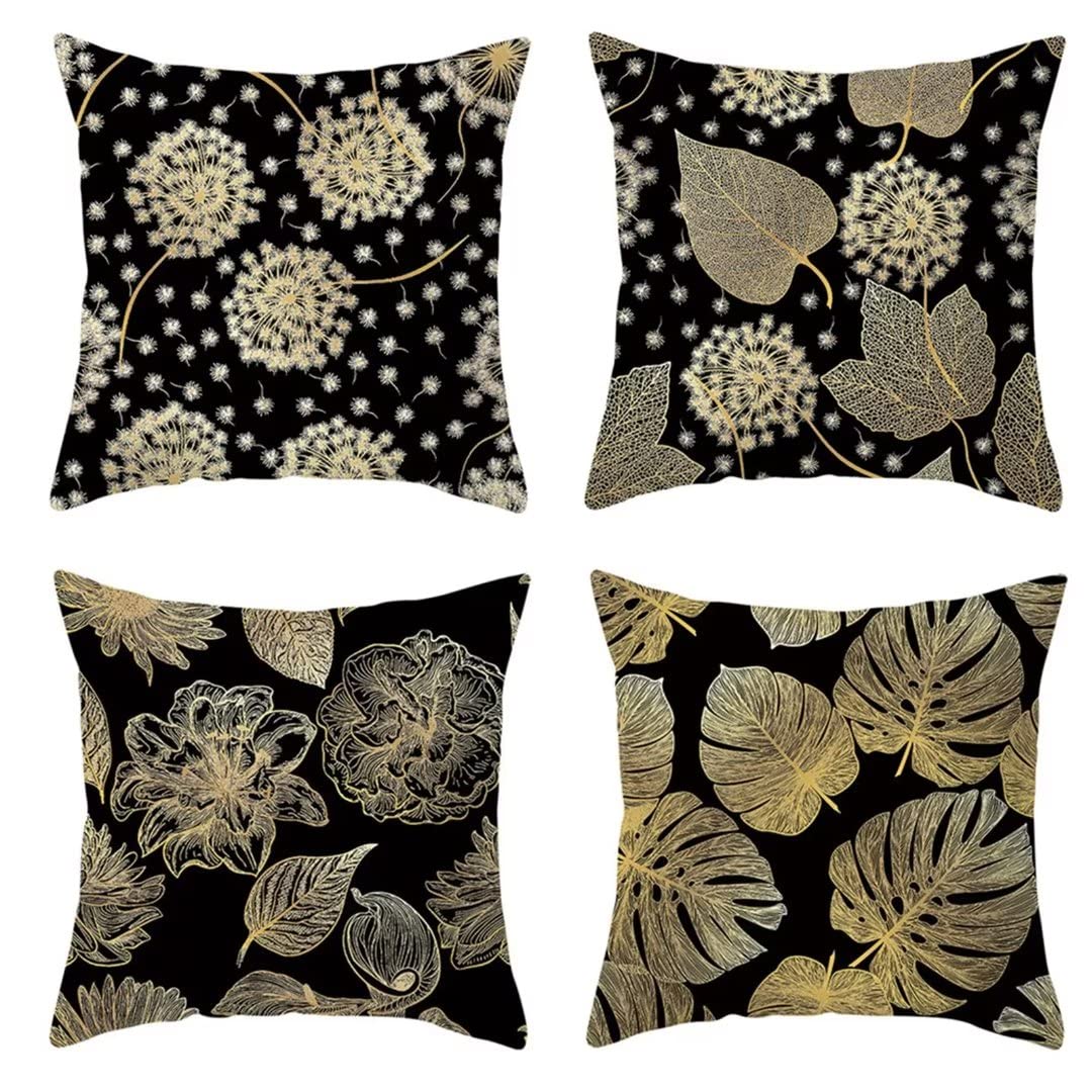 Federe Cuscini Divano 70x70cm Copricuscini Divano Set di 4, Lino Federa Cuscino per Divano, Cuscini Decorativi Divano, Quadrati Copricuscino per Divano Soggiorno Sedia Letto - Foglie d'Oro Nere
