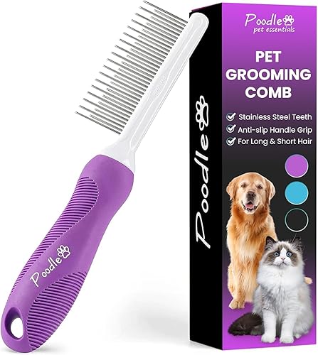 Poodle Pet - Peine desenredante para mascotas con dientes largos y cortos de acero inoxidable para eliminar la piel enmarañada, nudos y enredos.