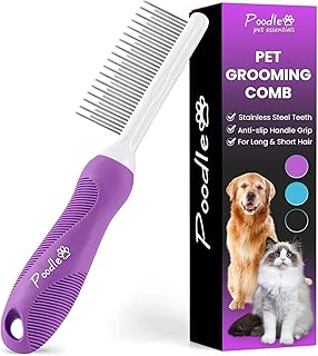 Poodle Pet Detangling Pet Comb with Long & Short Stainless Steel Teeth for Removing Matted Fur, Knots & Tangles