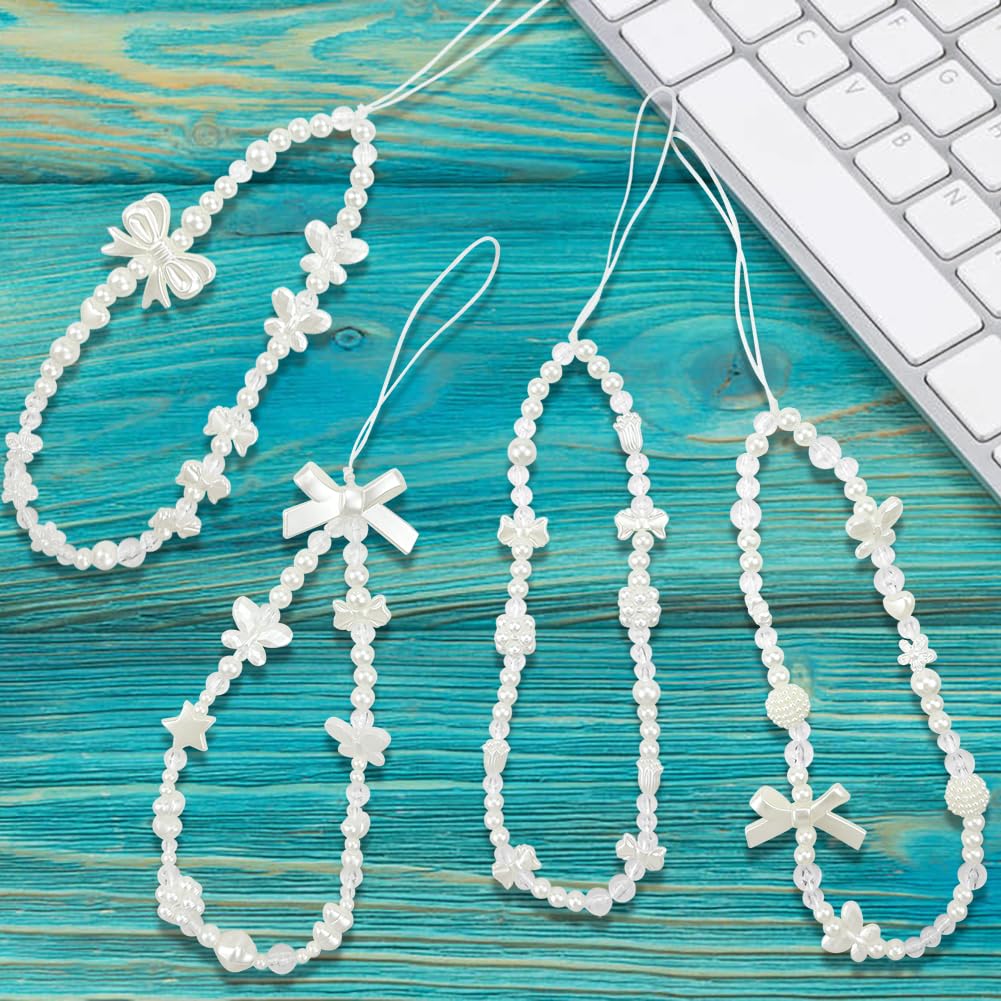Jaczora 4PCS Bling Crystal bow Phone Charm,Pearl Butterfly Bracelet Wrist Strap,Phone Wrist Strap Lanyard Anti Lost for Women Girls - Image 3