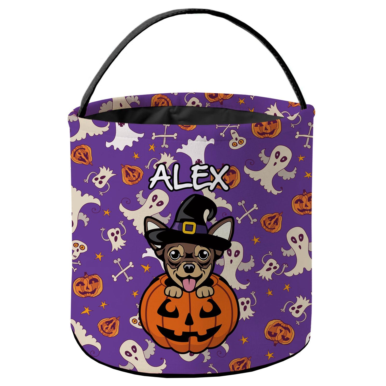 KafePross Personalized Halloween Trick or Treat Bag Smiling Chihuahua Dog Halloween Ghost Pumpkin Decor Basket Candy Gifts Bucket for Kids 9 x 9.8 Inch Purple