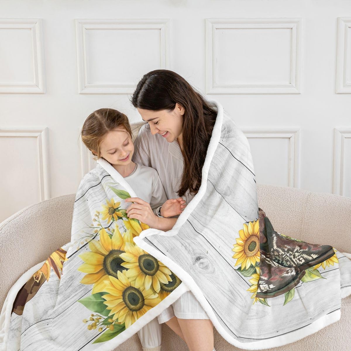 Erosebridal Western Blanket Sunflower Throw Blanket Cowboy Boots for Women,Bohemian Flowers Fleece Blanket 90"x90" Cowboys Gifts for Men,Cowboy Hat Boho Floral Rustic Farmhouse Decor