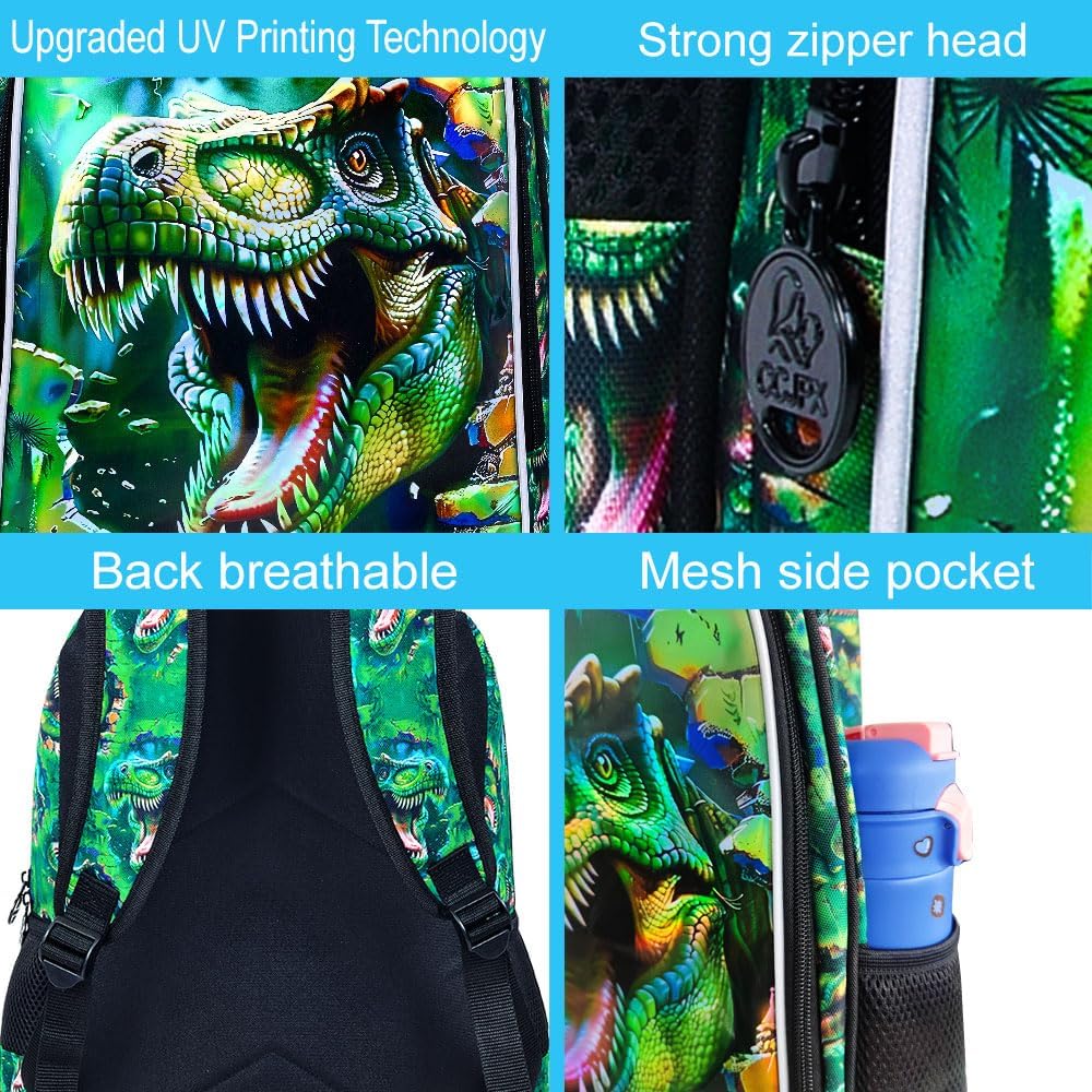 Dinosaur Backpack, 16" Boys Kids Bookbag with Lunch Box, 3Pcs Dino School Backpacks for Elementary Preschool Kindergarten (Green) - Image 6