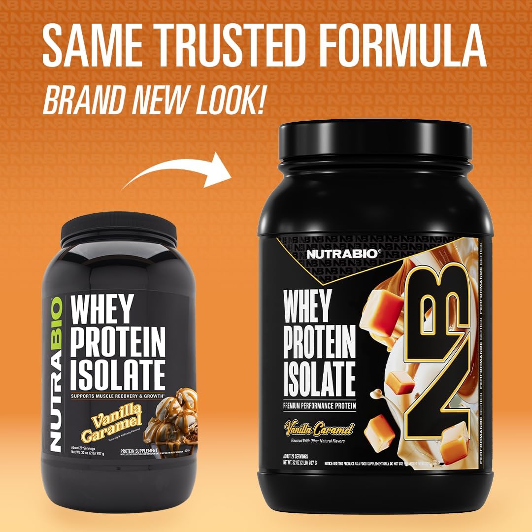NutraBio 100% Whey Protein Isolate Protein Powder, 25g Protein with Complete Amino Acid Profile, Non-GMO, Soy & Gluten Free, Low Carb, Low Calorie Whey Protein Powder, Vanilla Caramel, 2 Lbs