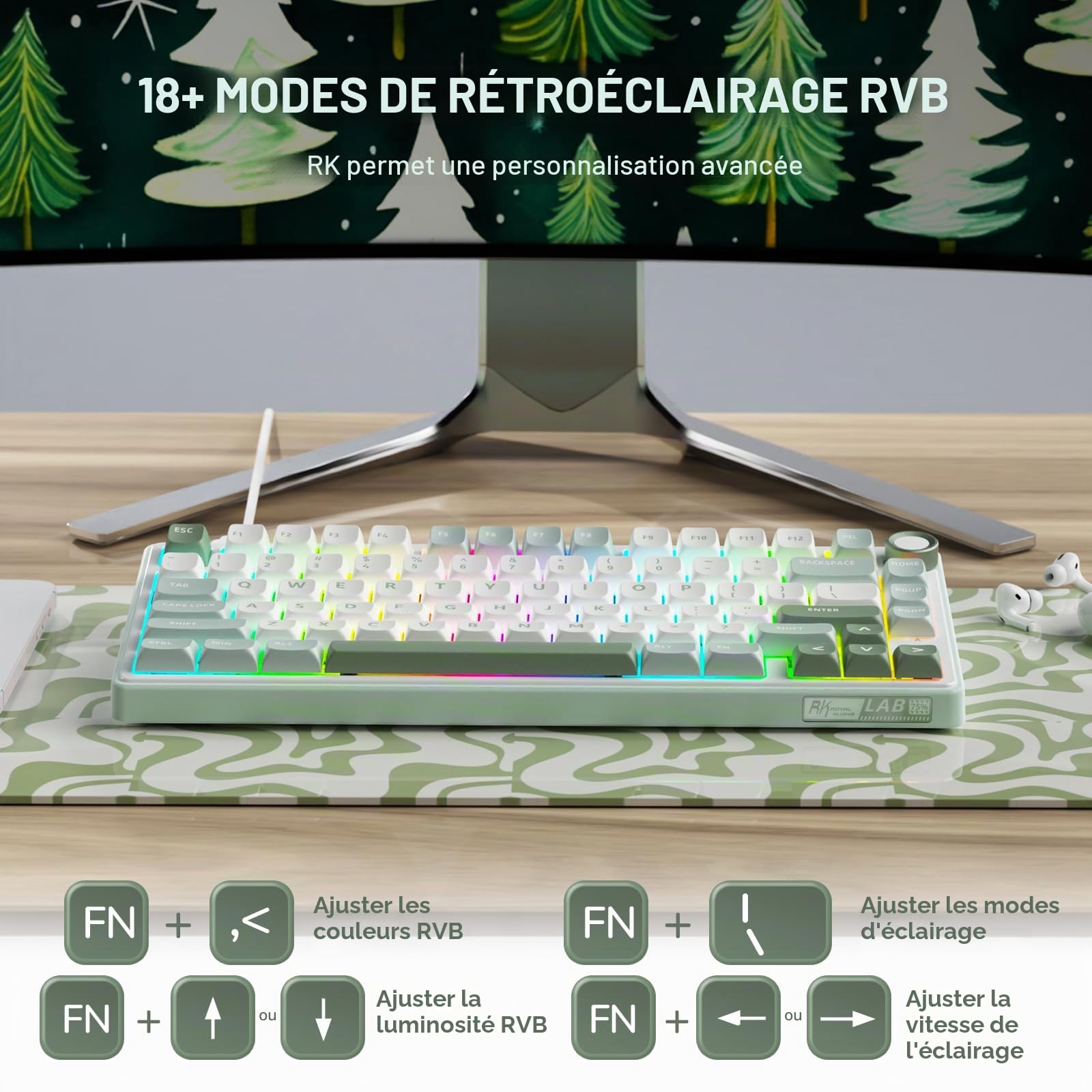 RK Royal KLUDGE Clavier mécanique Filaire R75 avec Bouton de Volume, Montage sur Joint de Clavier de Jeu personnalisé à 75% rétroéclairé RVB avec Logiciel, Profil MDA, Touches PBT, commutateur