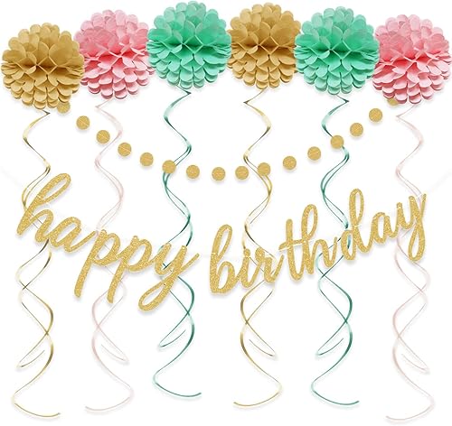 Decoraciones de feliz cumpleaños rosa y dorado – Cartel dorado de feliz cumpleaños, flores con pompones, guirnalda de puntos circulares brillantes y