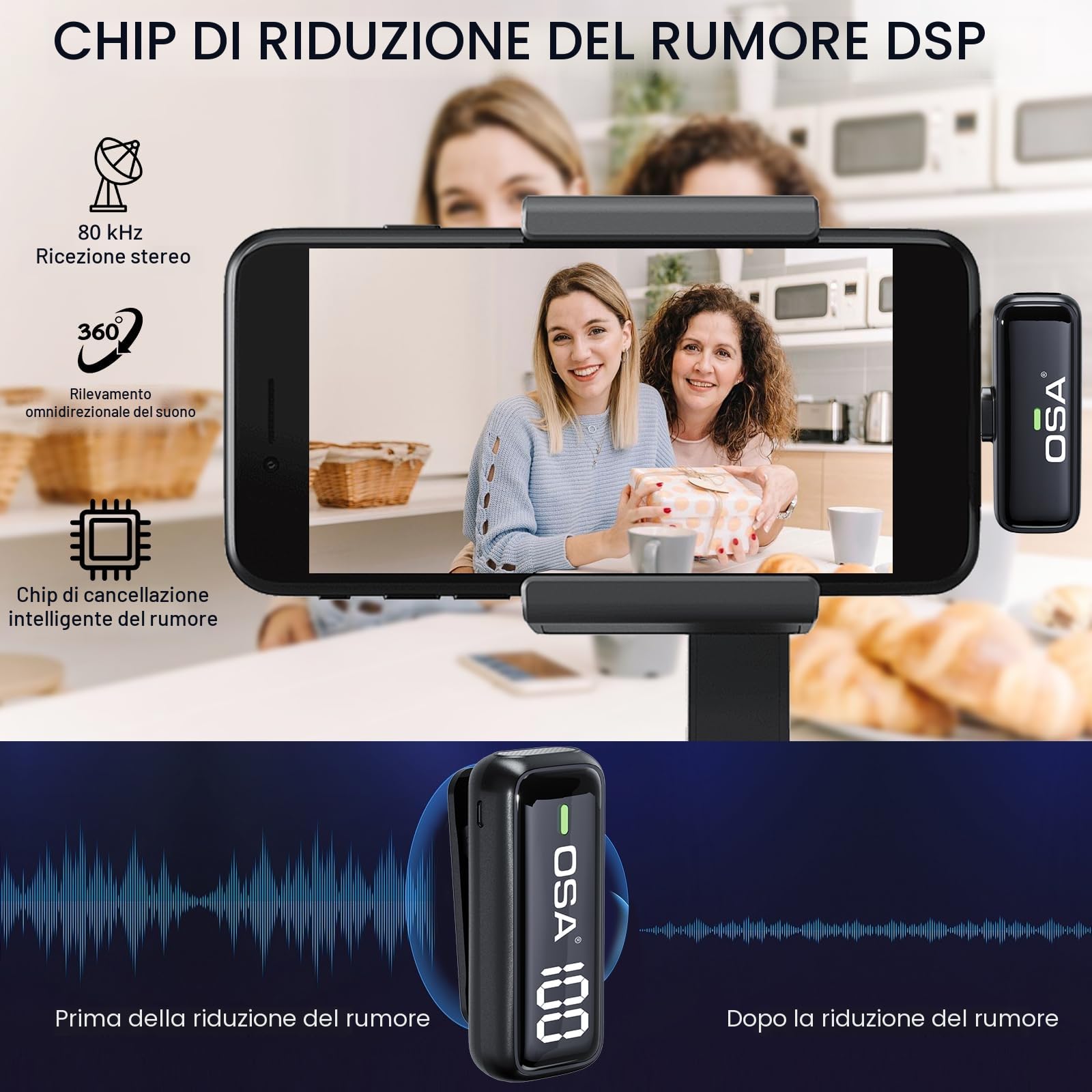 OSA Microfono Lavalier Wireless per iPhone Lightning (Fino a iPhone 14), Mini Microfono Bluetooth con Riduzione Rumore, Display Digitale, per TikTok Vlog YouTube