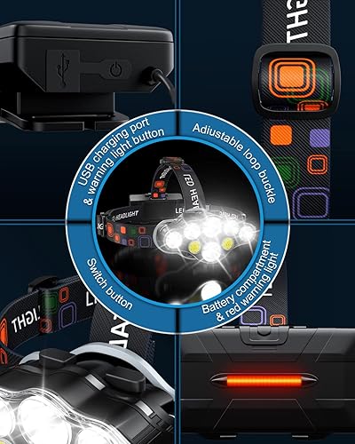 Miniatura 10 de Linterna frontal recargable, 8 luces LED brillantes con luz roja, IPX4 impermeable USB, lámpara principal, 8 modos para correr al aire libre, caza,