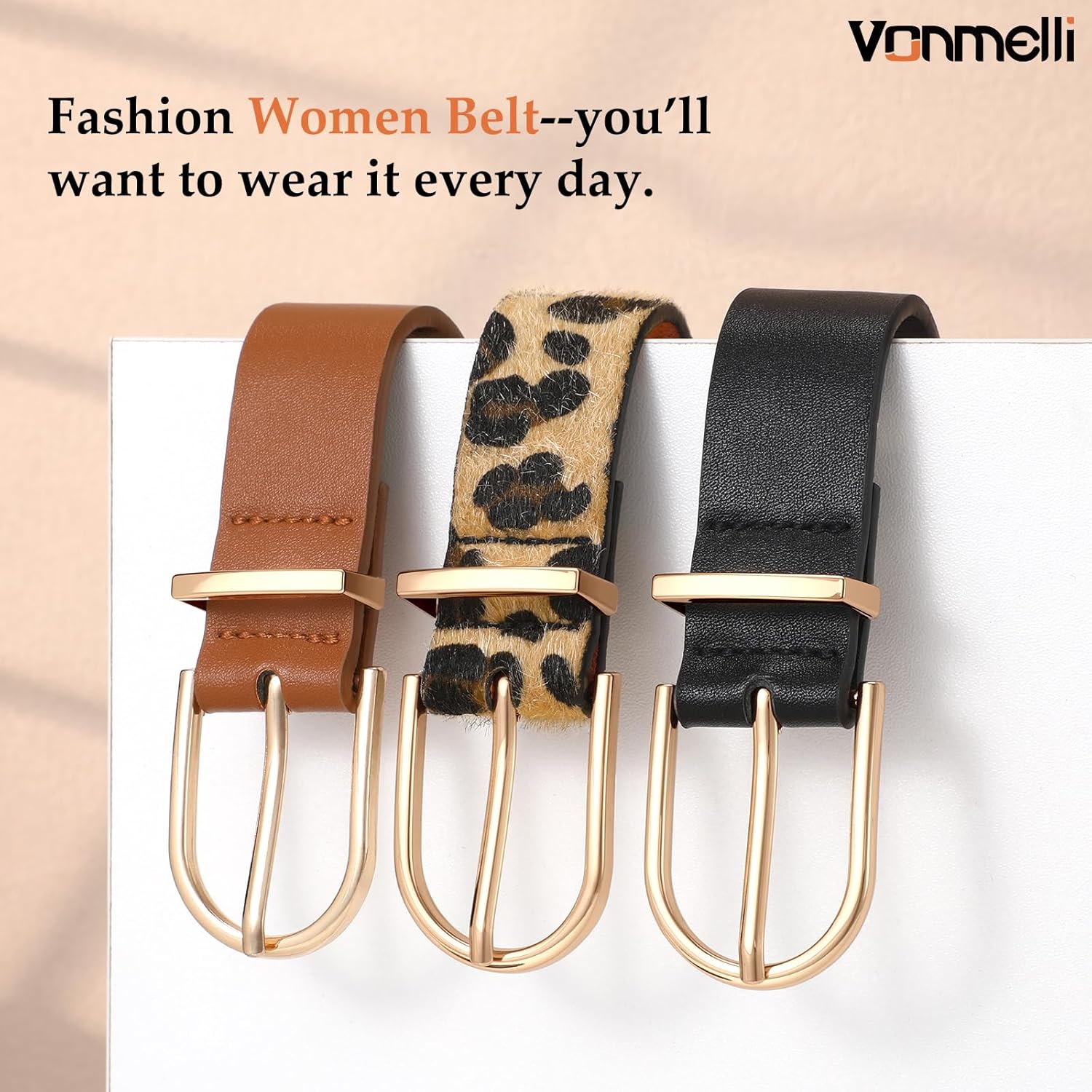 VONMELLI 3 Pack Women's Belts for Jeans Pants Fashion Gold Buckle Ladies Dress Belt - Image 3