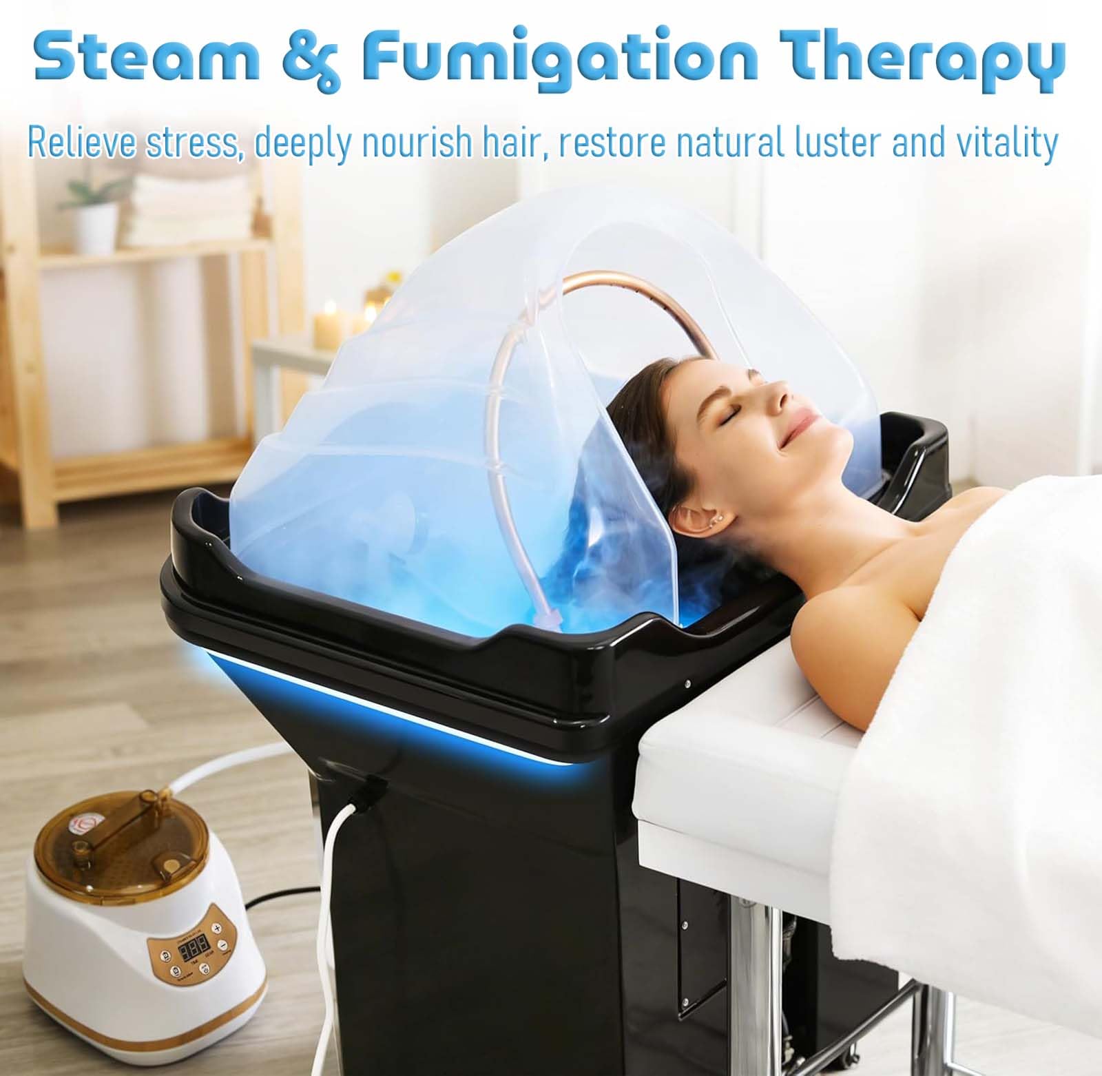 Generico Portatile con Lavabo a Circolazione dell’Acqua, Spa Capelli Giapponese 60L Acqua Pulita + 20L Serbatoio di Scarico, Attrezzatura Mobile con Kit di Fumigazione, Salone e Casa (Black)