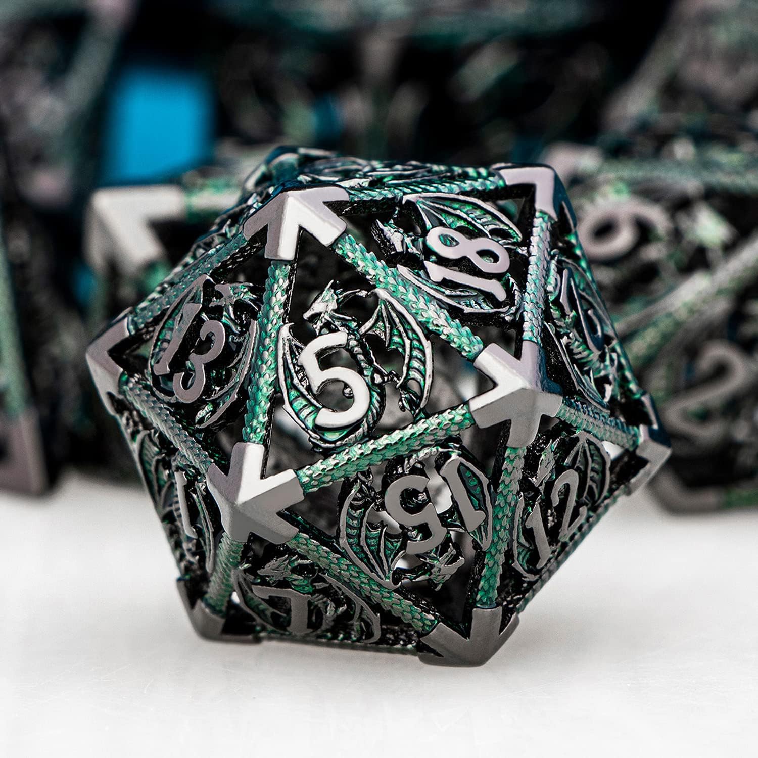 ARUOHHA Hollow DND Dice Set 7PCS Black Green Metal Dragons Dice with Gift Box, D and D Dice RPG Role Playing Games - Image 3