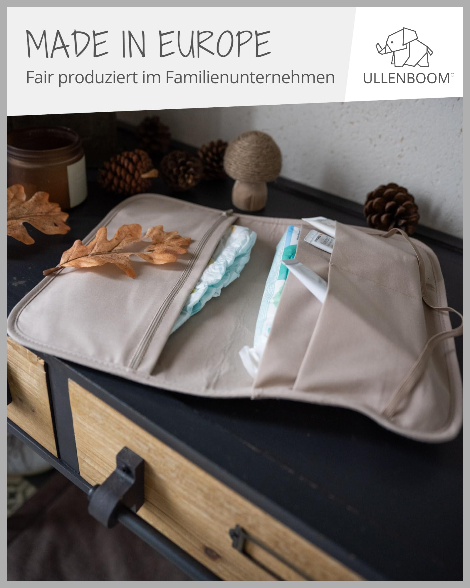 ULLENBOOM Windeltasche für unterwegs, Cord Sand, Made in EU - Wickeltasche für bis zu 3 Windeln, Feuchttücher & weiteres Zubehör, Ideal als Wickelorganiser für den Kinderwagen