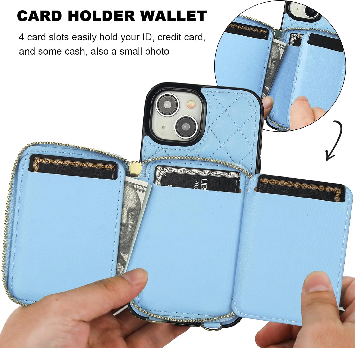 Bocasal Crossbody Wallet Case for iPhone 15, RFID Blocking PU Leather Zipper Handbag Purse Flip Cover, Kickstand Folio Case with Card Slots Holder Wrist Strap Lanyard 5G 6.1 Inch (Blue)