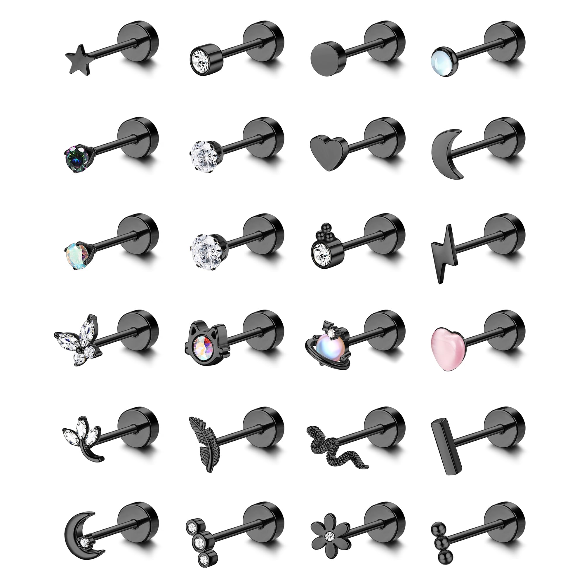 LOLIAS 24Pcs Cartilage Earrings for Women Men 20G Surgical Steel Flat Back Stud Earrings CZ Helix Conch Small Flatback Earrings Hypoallergenic Nap