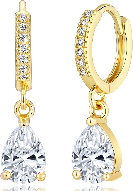 14K Gold Plated Birthstone Hoop Earrings for Women, Teardrop Birthstone Dangle Earrings Dainty Hoop Huggie Earrings Personalized Charm Minimalist Jewelry Birthday Gifts