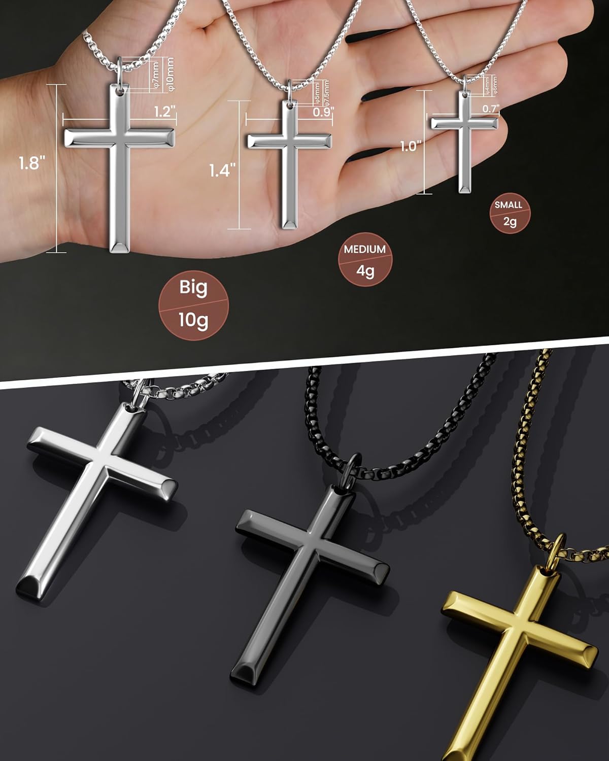 Cross Necklace for Men and Women – 316L Stainless Steel Minimalist Cross Pendant, Polished Silver/Gold/Black Tone, Small/Medium/Big Charm, Christian Faith Jewelry Gift - Image 6