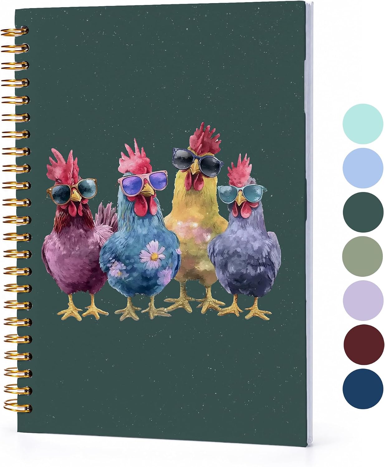 Funny Cool Chickens Spiral Notebooks - Cute Roosters Sparkly Hard Cover Spiral Journal 5.5x8.3 Inch, Colorful Sunglasses Animal Chicken Gifts for Chicken Lady Mom Lovers/Women/Coworker(Dark Green)