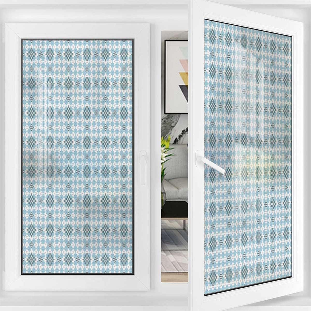 Blue White Privacy Window Film Frosted with Flowers and Diamonds Theme Privacy Window Film Removable Static Cling Window Film Stickers Geometrical 31.5Wx62.9L-inch