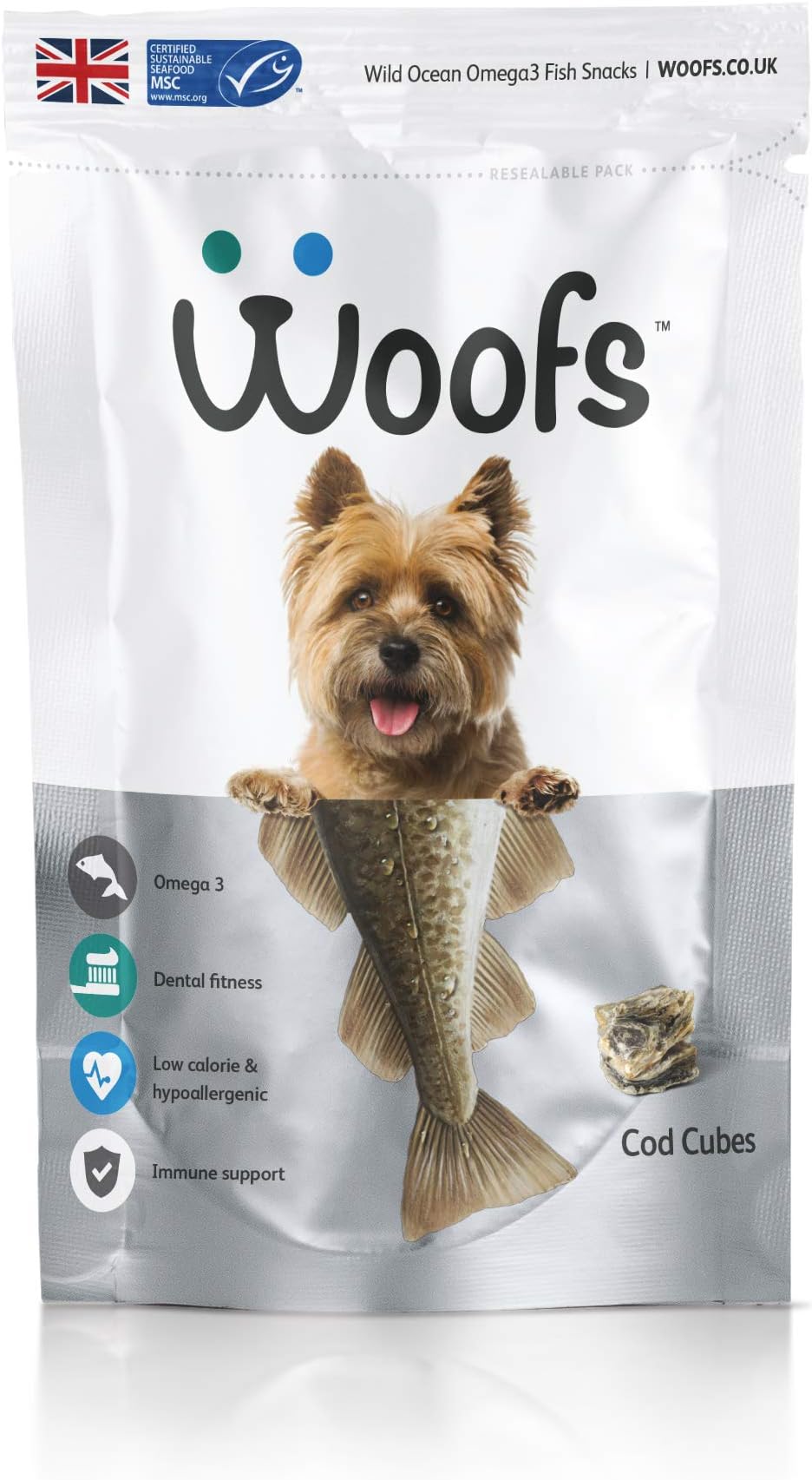 WOOFS Dog Treats, 100g Natural Cod Cubes made from 100% Cod Fish - Packed with Omega 3 - Grain & Gluten free - High in Protein 100% Cod