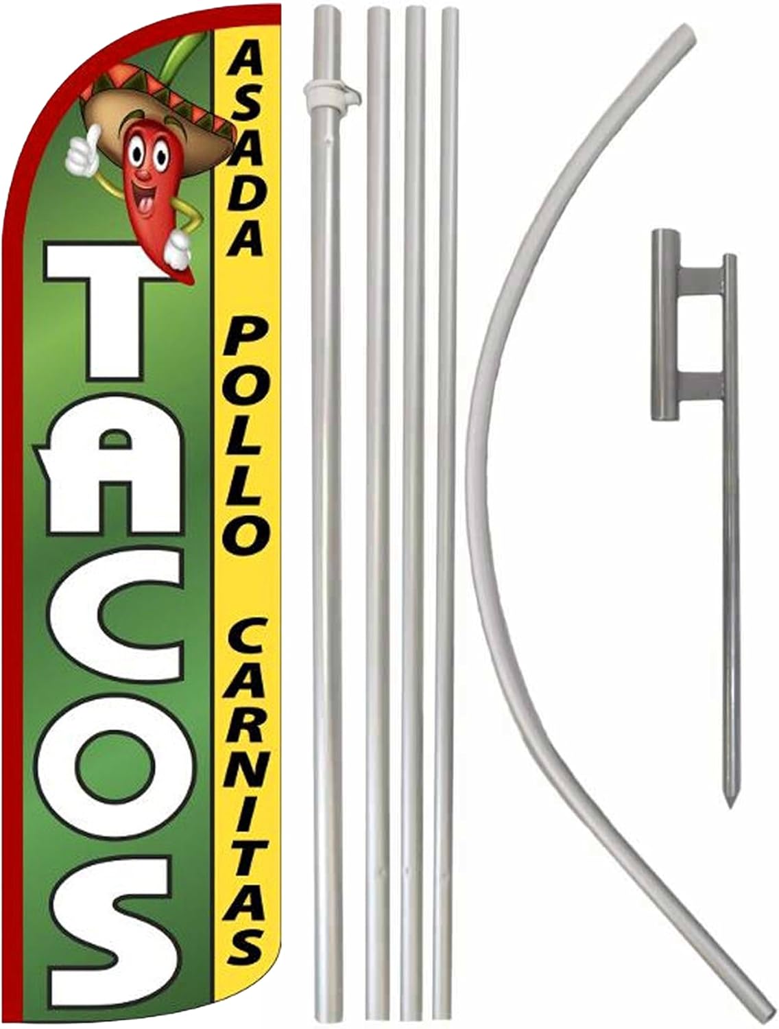 Tacos Asada Pollo Carnitas Windless 15 Ft. Tall Swooper Feather Flag Advertising Banner Kit