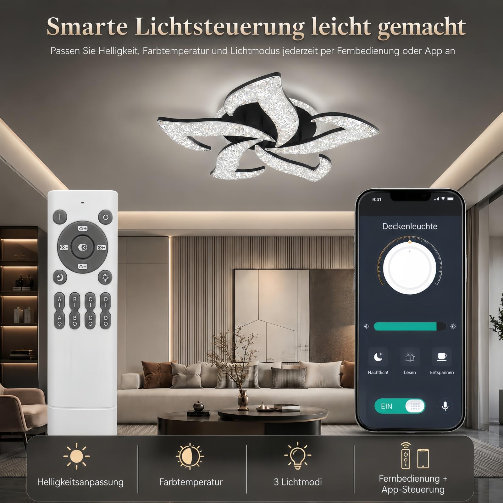 65W 60cm LED Deckenleuchte,Deckenlampe Dimmbar fürs Wohnzimmer | 6556LM helles Licht,2988K-7187K Farbwechsel,Fernbedienung,App und Nachtlicht