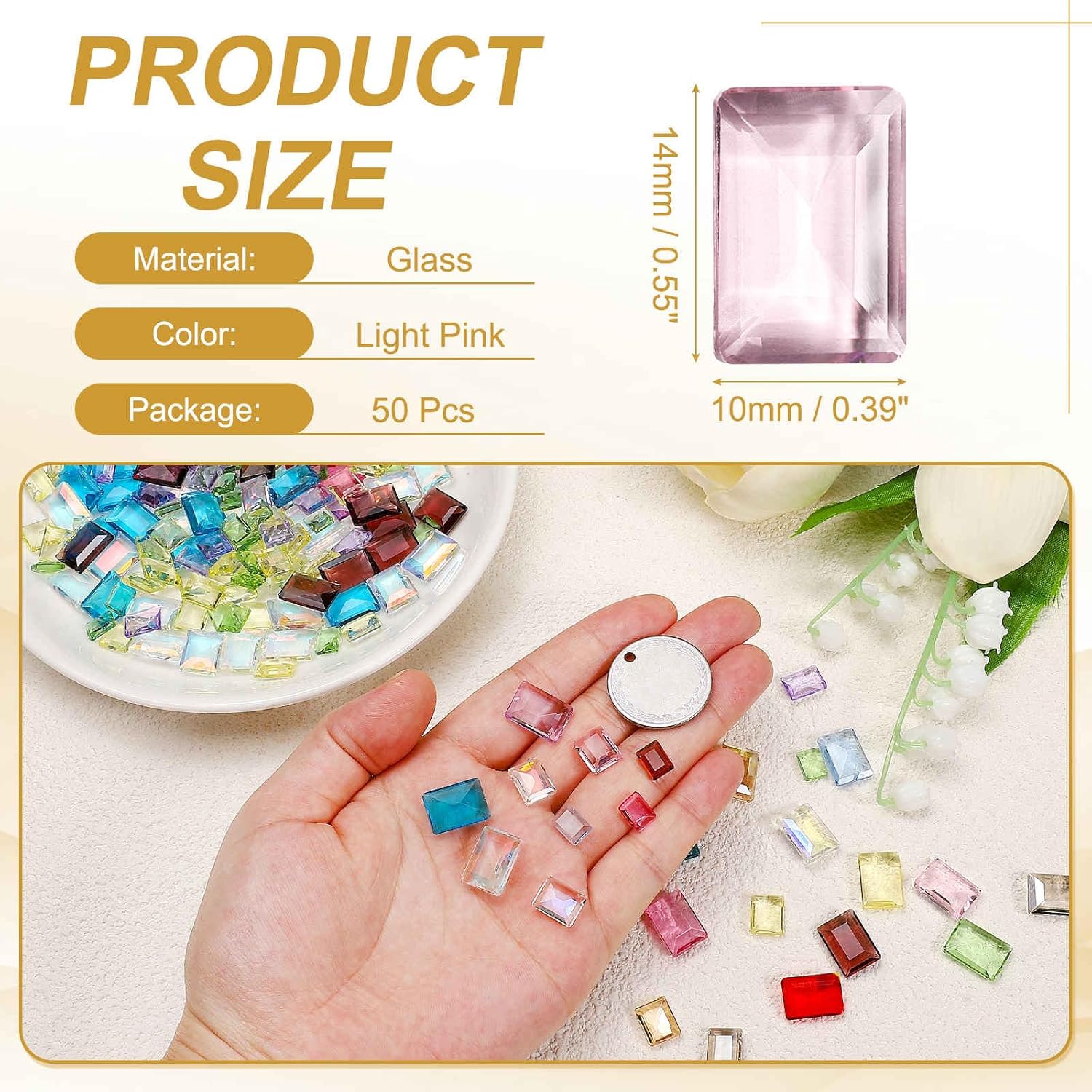 MECCANIXITY 50 Pcs Rectangle Pointed Back Rhinestone, 10x14mm Mini Clear Pointed Back Rhinestone Square Faceted Gems Crystal Glass Beads for Jewelry Making DIY Crafts Nail Art, Light Pink - Image 2