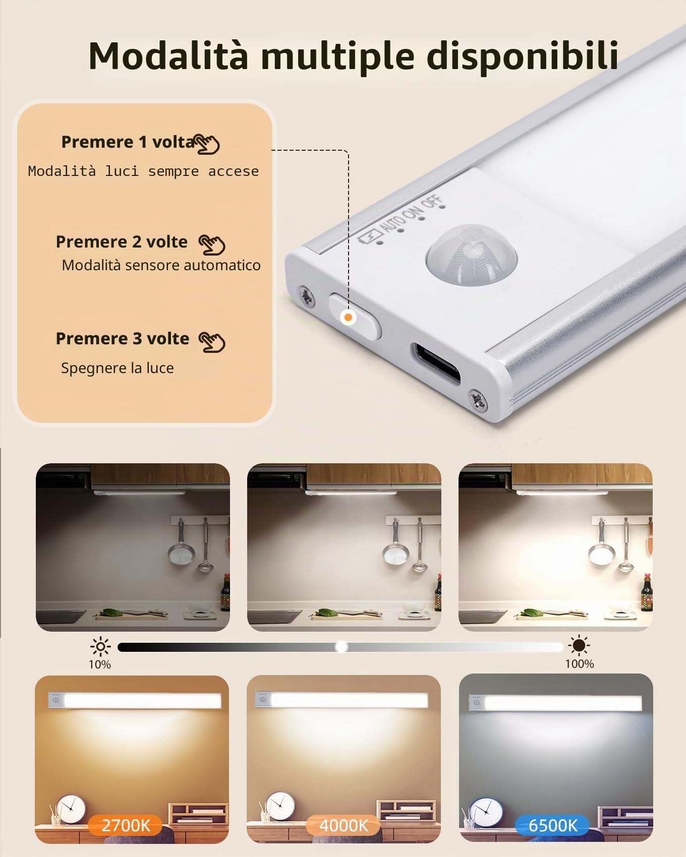 Aigostar Luce Armadio con Sensore di Movimento - Luce LED Cucina 30.4cm， LED Sottopensile 3 Pezzi， 2200mAh， Ricaricabile USB-C， Luminosità/Colore Regolabile