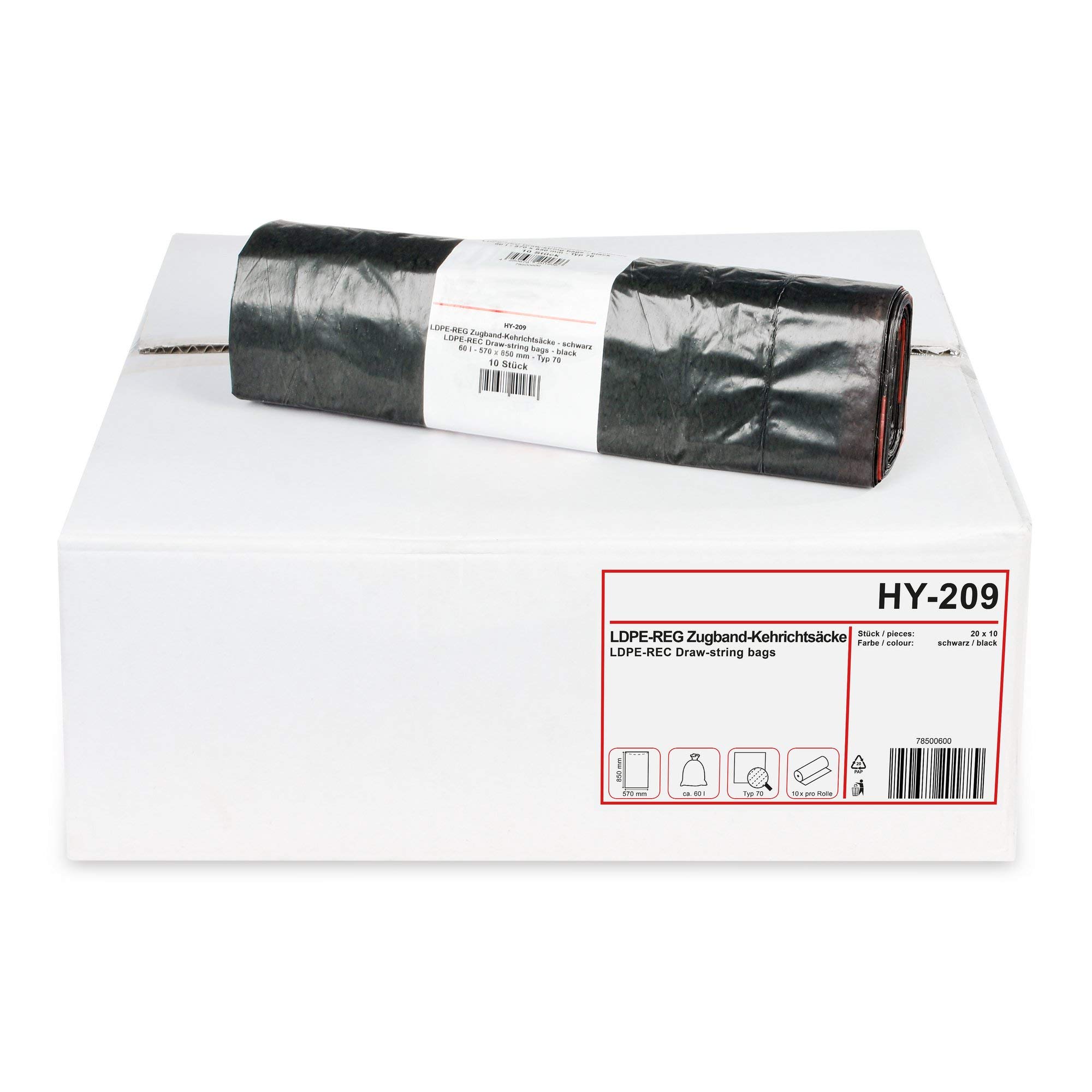 Hypafol Müllbeutel Typ 60 mit Zugband 60l I Abfallsack für Haushalt, Garten & Industrie I Besonders stabil & reißfest I schwarze Schwerlast Müllsäcke aus hochwertigem Material I 100 St.