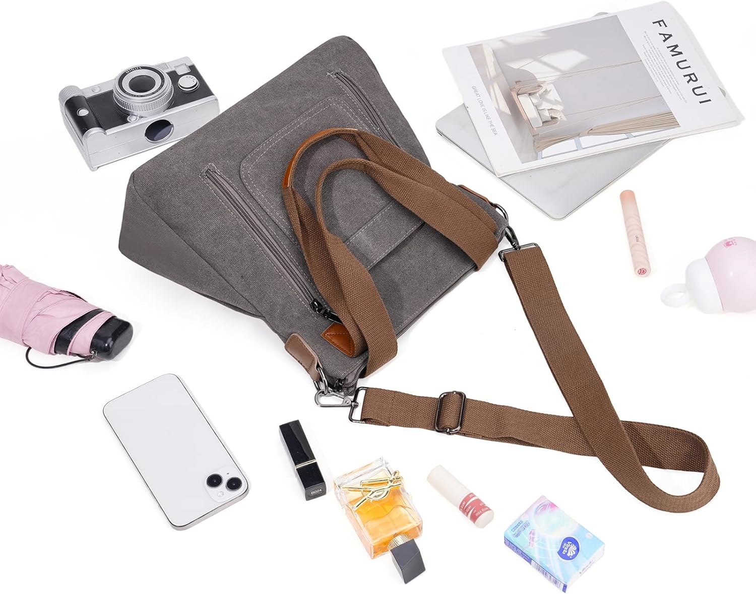 Small Tote Bags for Women Canvas Tote Bag with Zipper Satchel Crossbody Bag Work Travel Shoulder Handbags with Pockets - Image 7