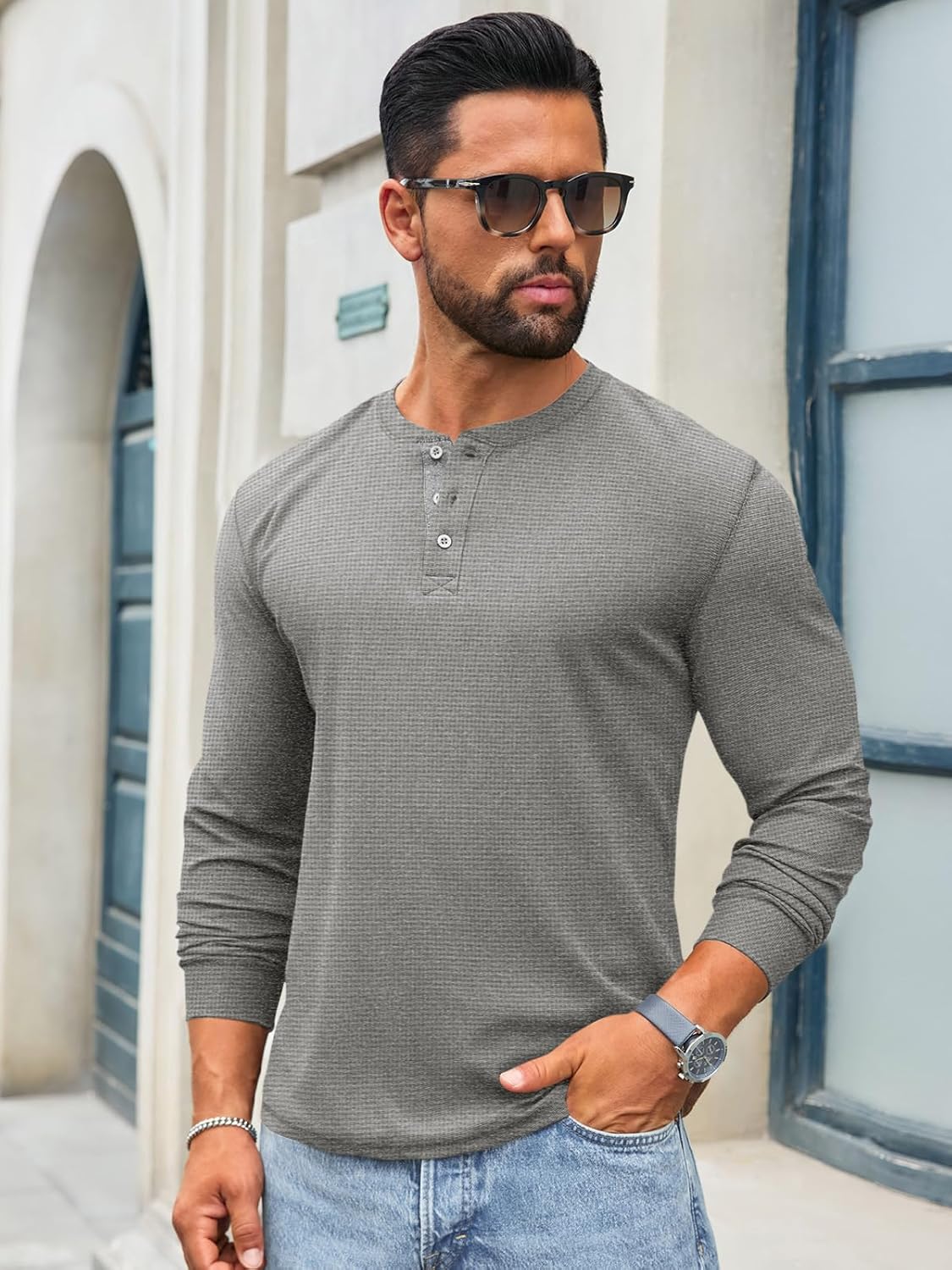 Runcati Mens Henley Long Sleeve Shirts Waffle Button Casual Basic Lightweight Tops - Image 2