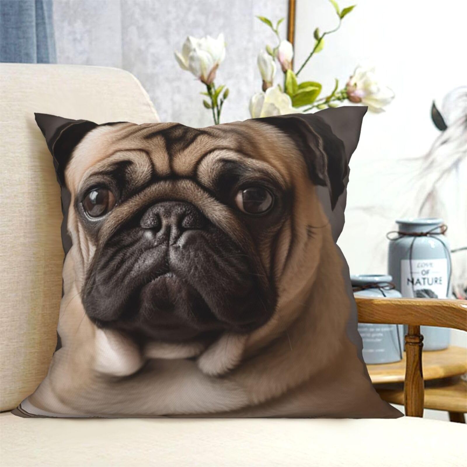 Fodpand Black Decorative Throw Pillow Covers 16"X16" Animal Pug Dog Cushion Cases Square Modern Farmhouse Pillow Cases Soft Cozy Cushion Covers For Couch Sofa Bedroom Home Decor Pillowcase