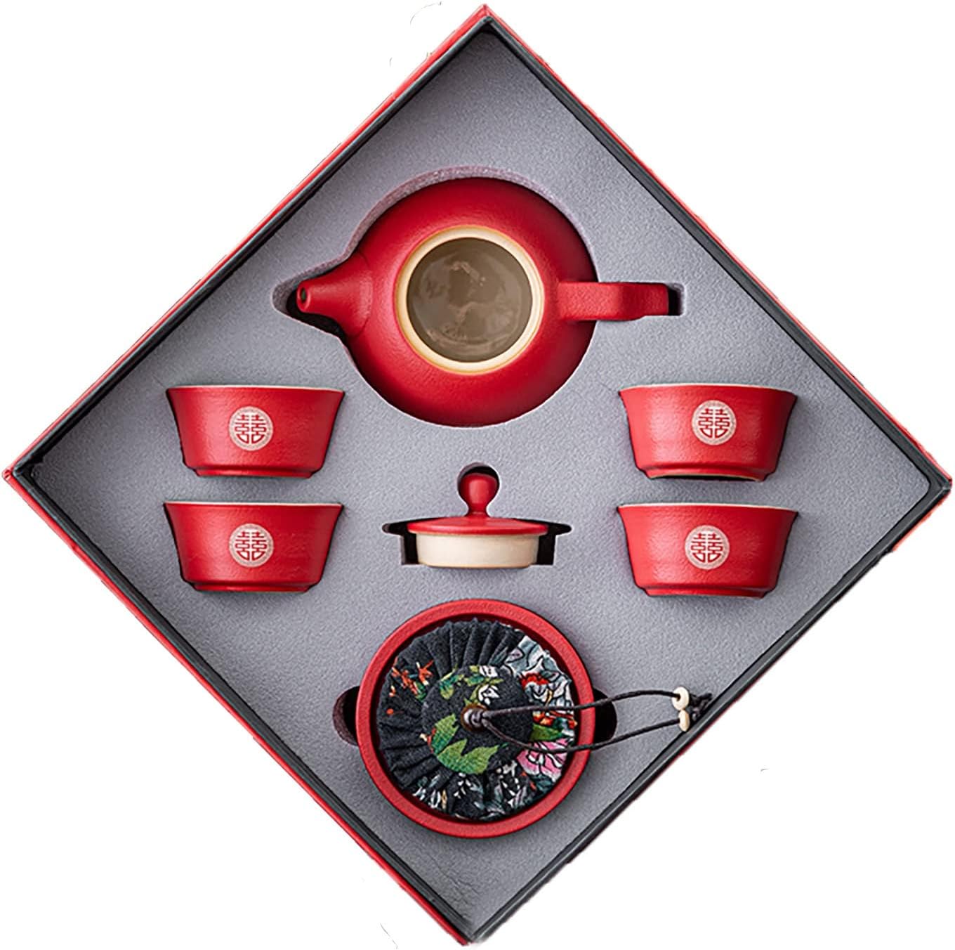 Handmade Ceramic Tea Set,Chinese Porcelain Tea Set Chinese Kung Fu Tea Set Teapot Double Happiness Porcelain Red Teapot, Chinese Traditional Wedding Decoration Supplies