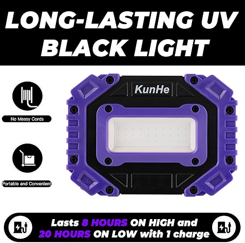 Miniatura 6 de KunHe Paquete de 2 luces negras UV recargables portátiles alimentadas por batería, luz ultravioleta inalámbrica de 395 nm, lámpara de reflector