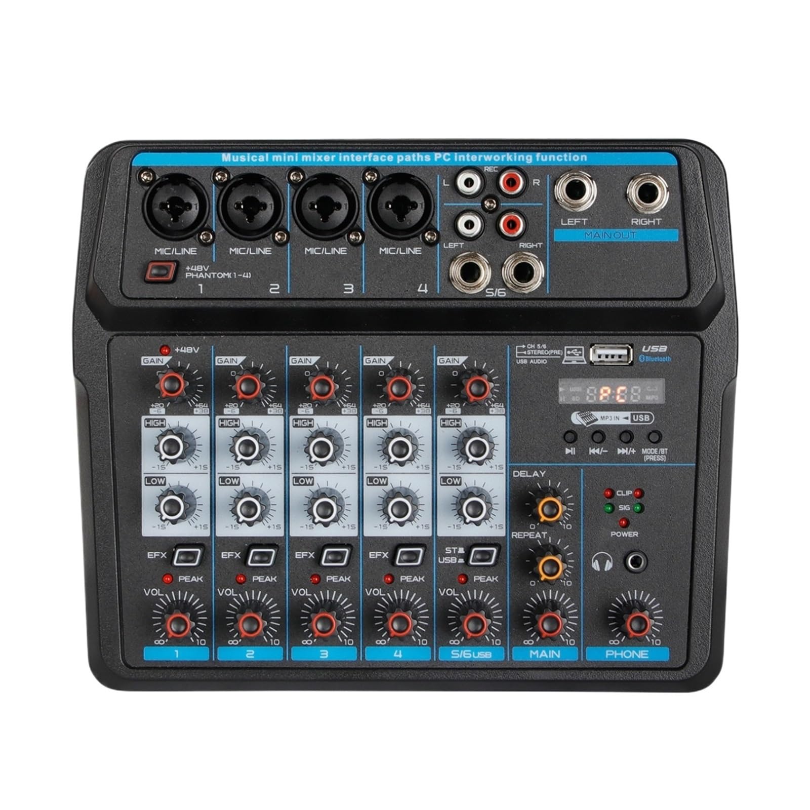 Consola Mezcladora Portátil, Mezclador De Audio, Interfaz De Controlador De Sonido USB For DJ De 4/6 Canales For Streaming De Grabación De Juegos De PC Ampliamente Aplicable(6 Channel)