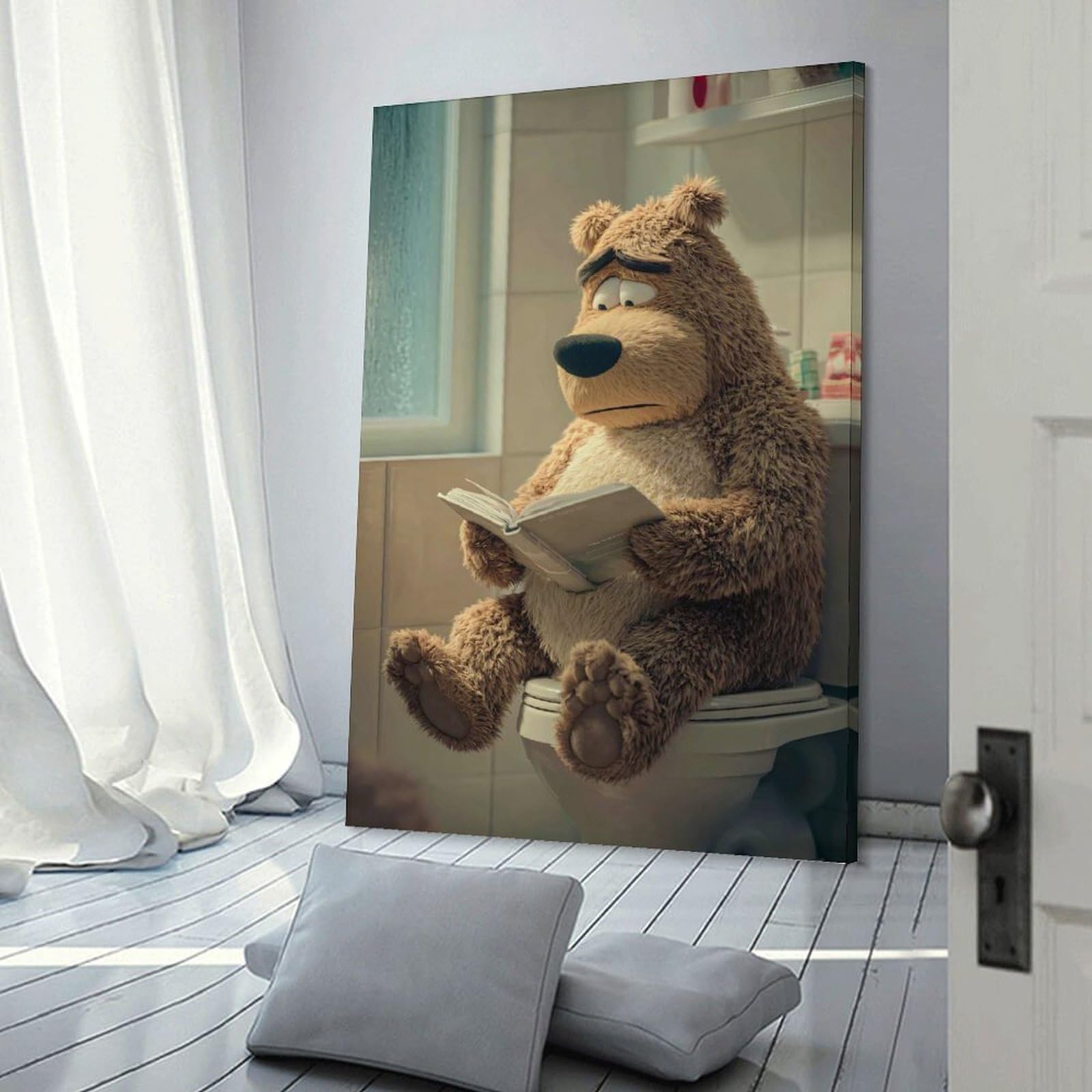 Junmoney Room Decor Wall Art Sad Bear Reading on Toilet, 12x18inch(30x45cm), for Workspace Walls, Study Corners Or Bedrooms, A Smart Decor Choice for Study Walls
