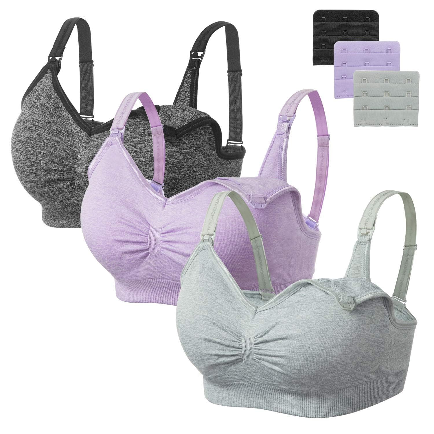 HBselect Women's Seamless Maternity Nursing Bra, XL, Black + Gray + Purple