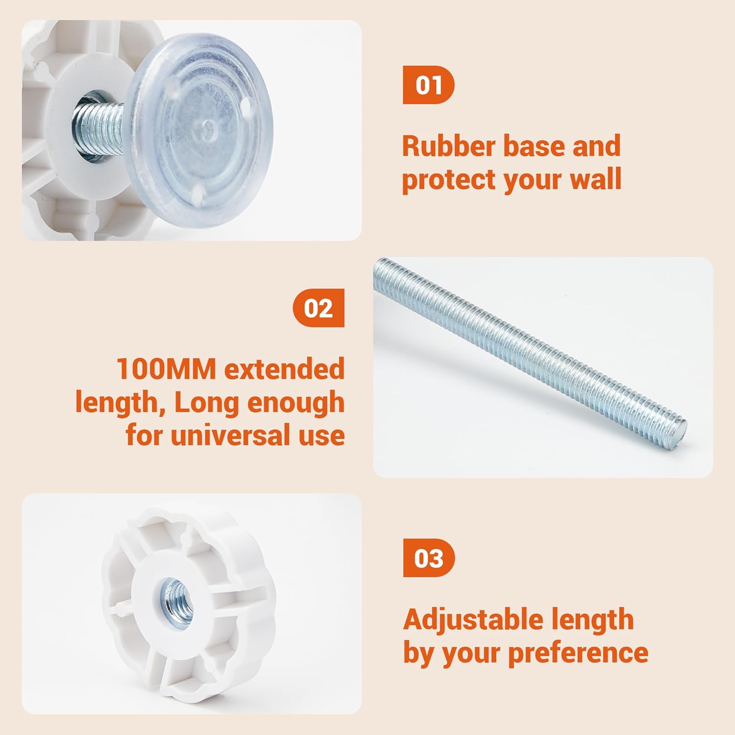 Baby Gate Pet Gate Spindle Rods 8mm(M8), Replacements Parts to The Screws for Baby Gate Dog Gate Door or Stair Gate, Wall Protector Threaded Screw Bolts Hardware Kit, White, 4 Pack