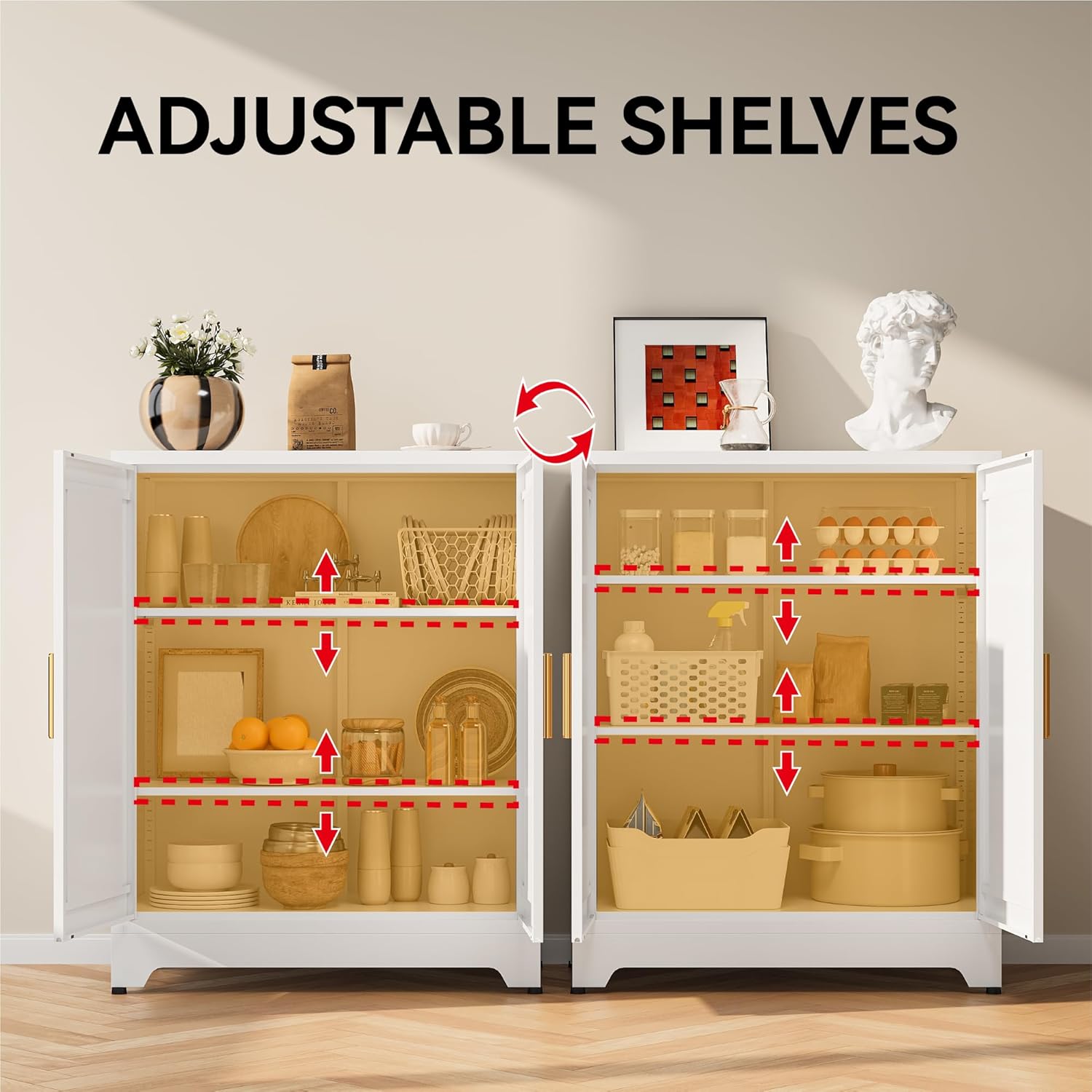 COFaR White 39" H Double Door Metal Storage Cabinet, Heavy Duty Kitchen Organizer & Coffee Bar with Adjustable Shelves, 150 lbs Top Capacity, 3-Tier Filing Cabinet for Pantry, Home Office, Dorm