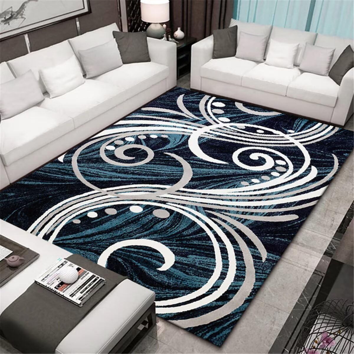 Tapis de salon gris-bleu moderne pour réchauffer un sol froid et sans relief
