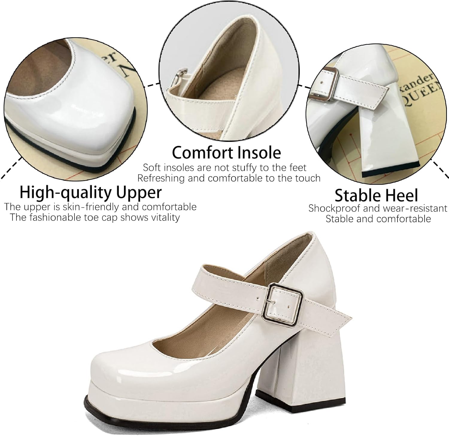 Women's Patent Leather Platform Mary Janes Pumps with Adjust Buckle Strap Fashion Comfort Square Toe Chunky High Heels Uniform Lolita Dressy Shoes for Party Date Wedding - Image 4